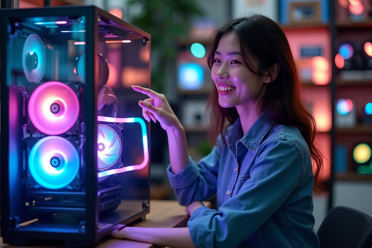 Femme passionnee montre un refroidisseur CPU RGB en magasin