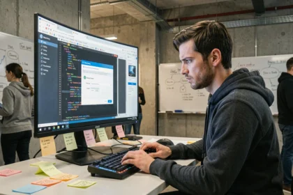 Développeur web masculin analysant une fenêtre popup dans un navigateur sur un écran ultrawide en open space moderne