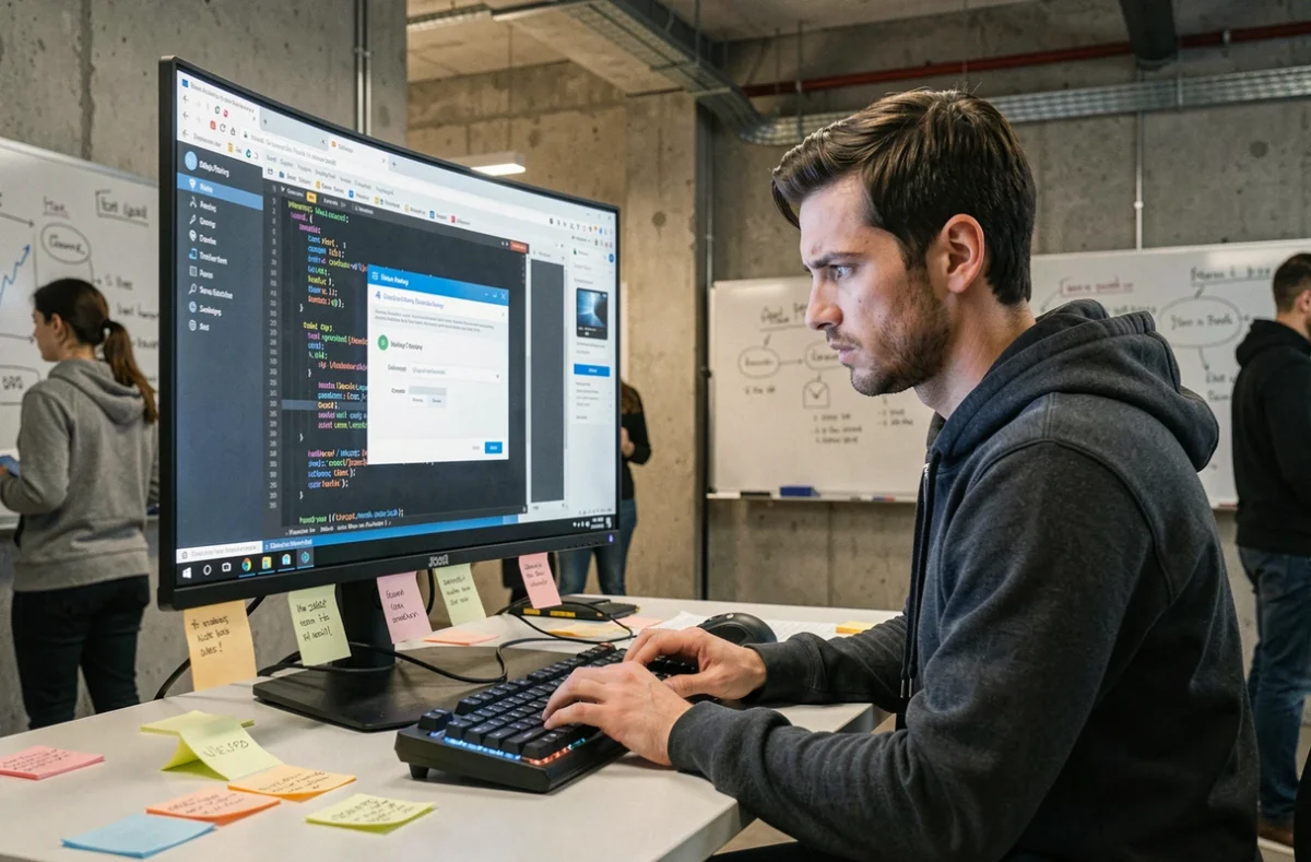 Développeur web masculin analysant une fenêtre popup dans un navigateur sur un écran ultrawide en open space moderne