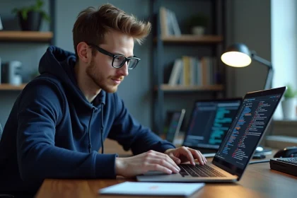 Jeune homme développeur avec ordinateur quantique