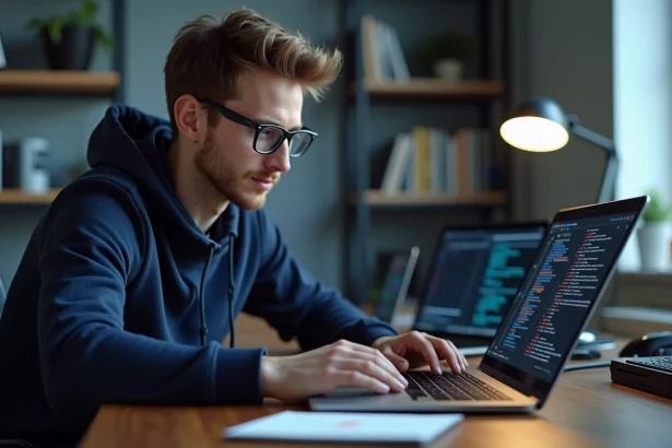 Jeune homme développeur avec ordinateur quantique