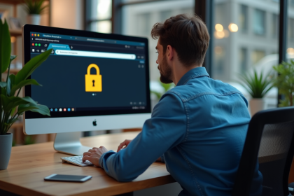 Jeune développeur web surveillant un écran avec cadenas de sécurité