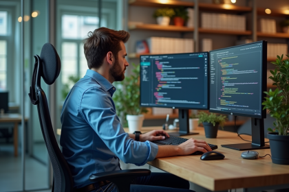 Développeur web homme concentré devant un écran de code PHP