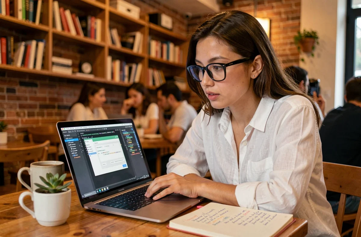 Développeuse frontend travaillant sur un composant modal JavaScript dans un café avec un carnet de notes de développement