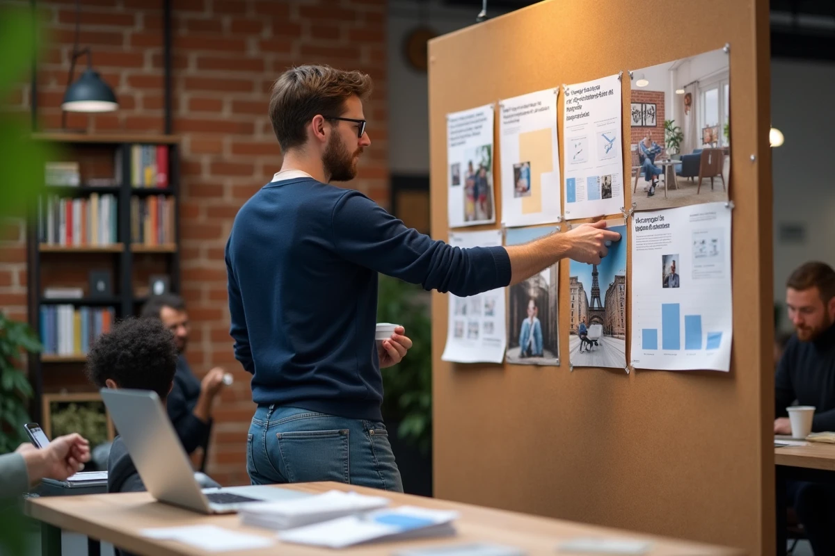 Directeur artistique présentant un moodboard de campagne généré par intelligence artificielle dans un studio d'agence créative