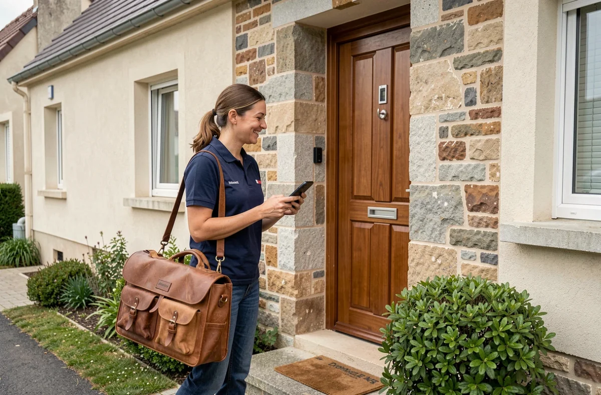 Technicienne Domicile Phone arrivant au domicile d'un client pour une réparation de smartphone à domicile