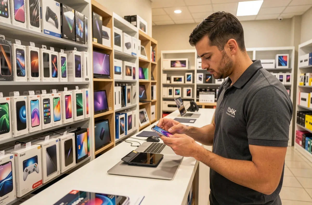 Employé d'Easy Cash Marseille La Valentine présentant des smartphones reconditionnés dans le magasin