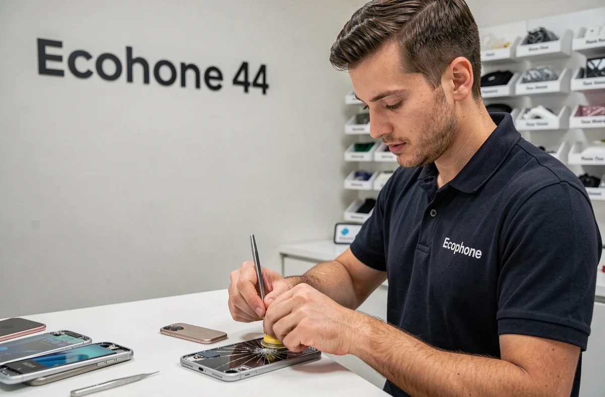 Technicien d'Ecophone 44 remplaçant l'écran d'un iPhone sur un établi professionnel