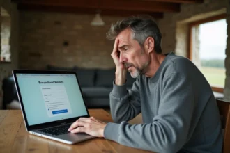 Homme vérifiant l'éligibilité fibre SFR sur son ordinateur portable dans une maison rurale
