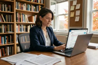 Enseignante universitaire consultant sa messagerie Zimbra sur un ordinateur portable entouré de copies d'étudiants dans un bureau académique