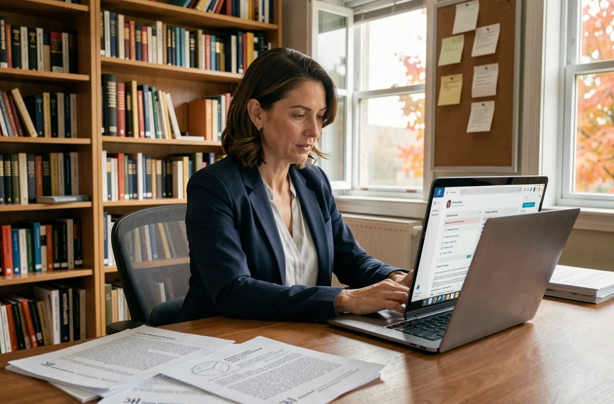 Enseignante universitaire consultant sa messagerie Zimbra sur un ordinateur portable entouré de copies d'étudiants dans un bureau académique