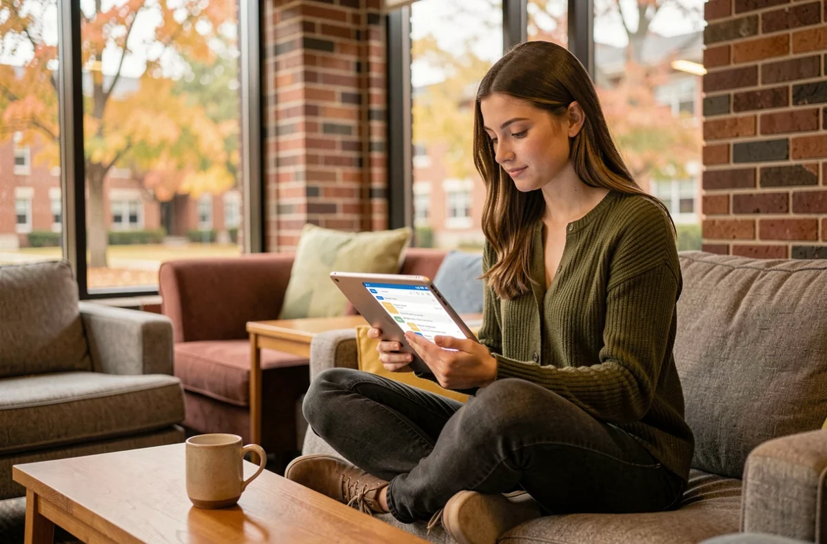 Jeune enseignante gérant ses emails Zimbra sur tablette dans un espace de détente de faculté universitaire en automne
