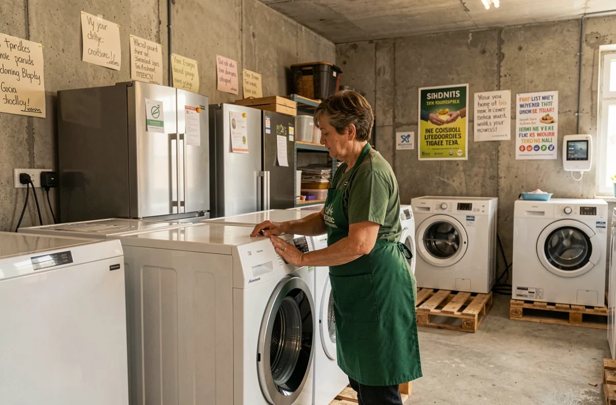 Bénévole d'Envie Bouches-du-Rhône testant un électroménager reconditionné dans un atelier solidaire