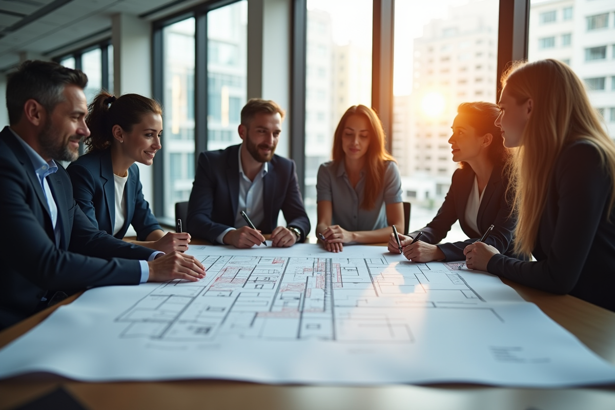 Equipe d architects analysant un plan avec points faibles en rouge