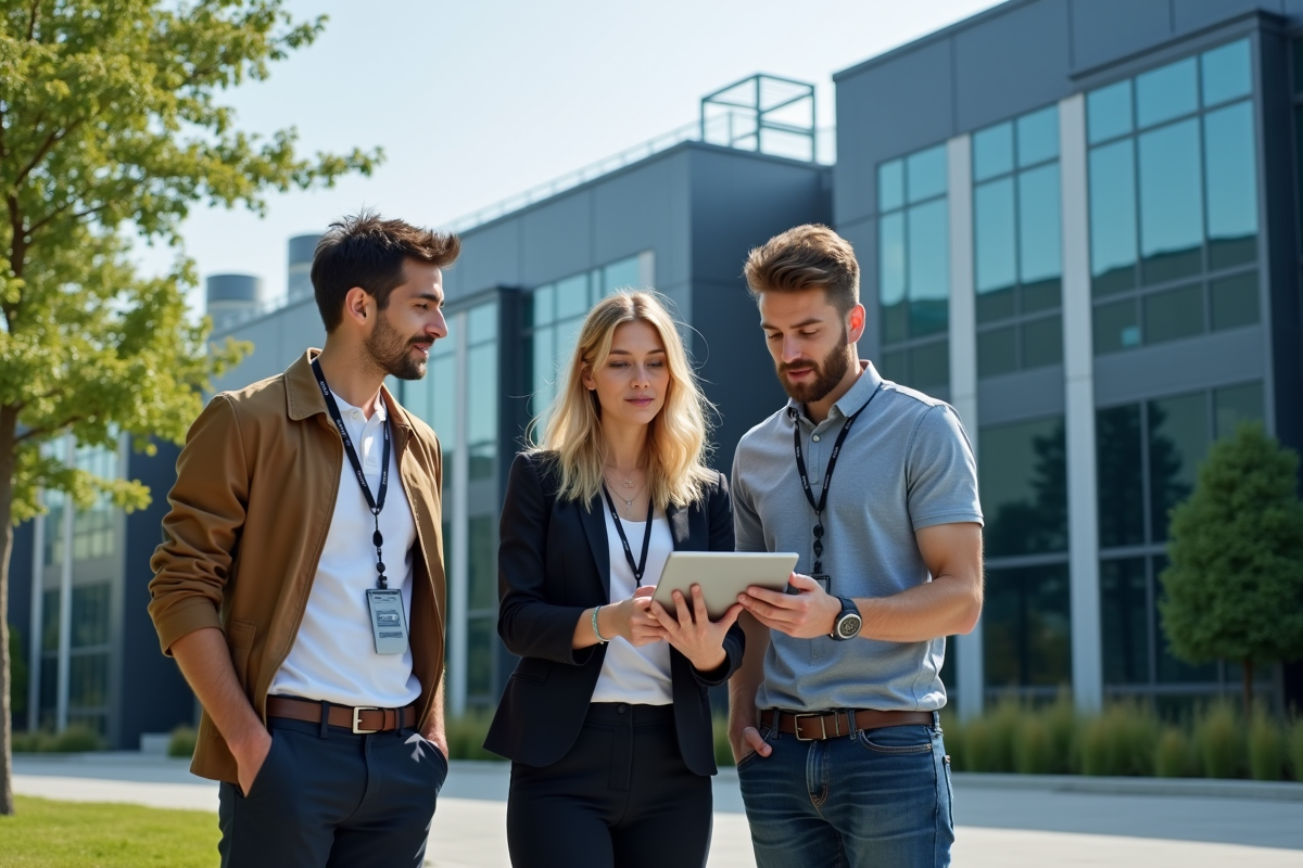 Groupe de jeunes professionnels discutant devant un data center moderne