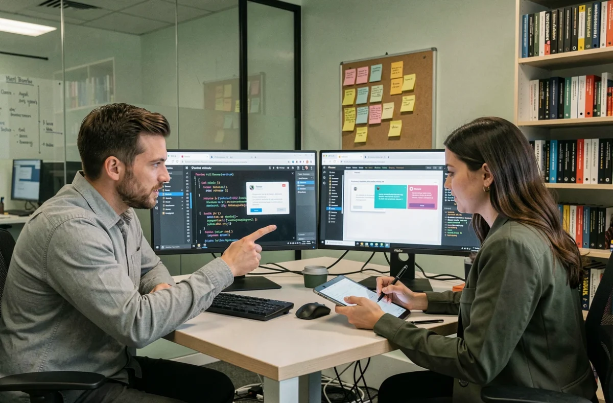 Deux développeurs en revue de code collaborant sur des bonnes pratiques d'implémentation de popups dans un bureau de startup