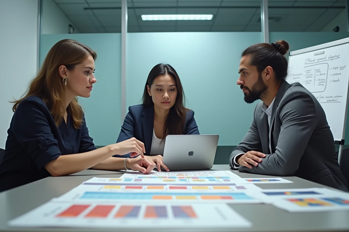 Équipe de professionnels IT alignant les processus RMF et de certification autour d'une table de réunion