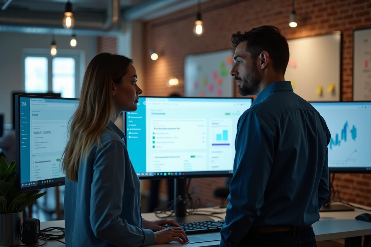 Deux collègues consultant un tableau de bord de support client webapp dans un bureau de startup technologique