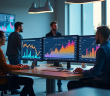 Espace de travail moderne avec professionnels analysant des tableaux de bord numériques