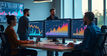 Espace de travail moderne avec professionnels analysant des tableaux de bord numériques