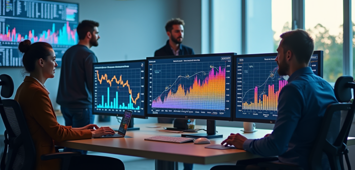 Espace de travail moderne avec professionnels analysant des tableaux de bord numériques