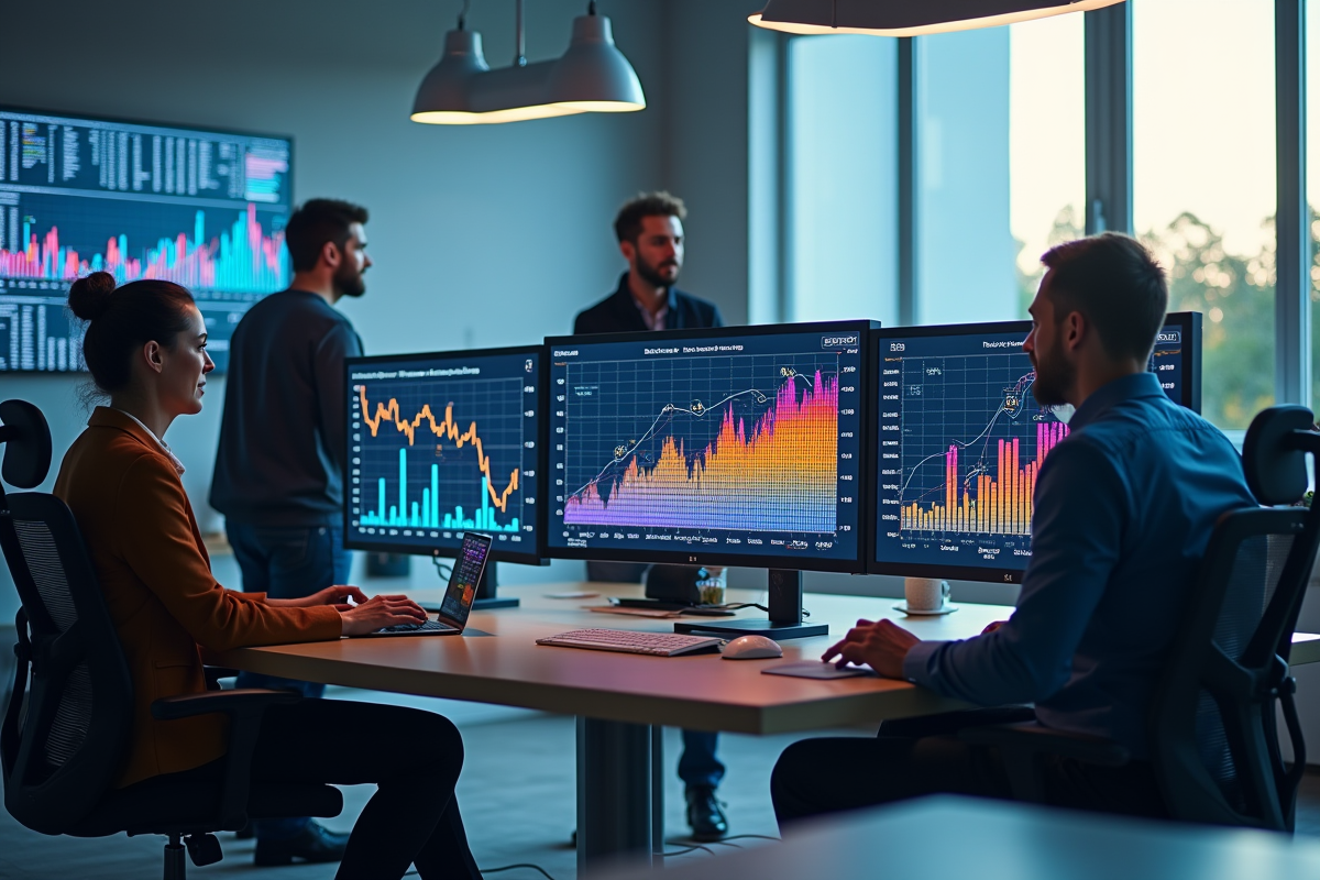 Espace de travail moderne avec professionnels analysant des tableaux de bord numériques