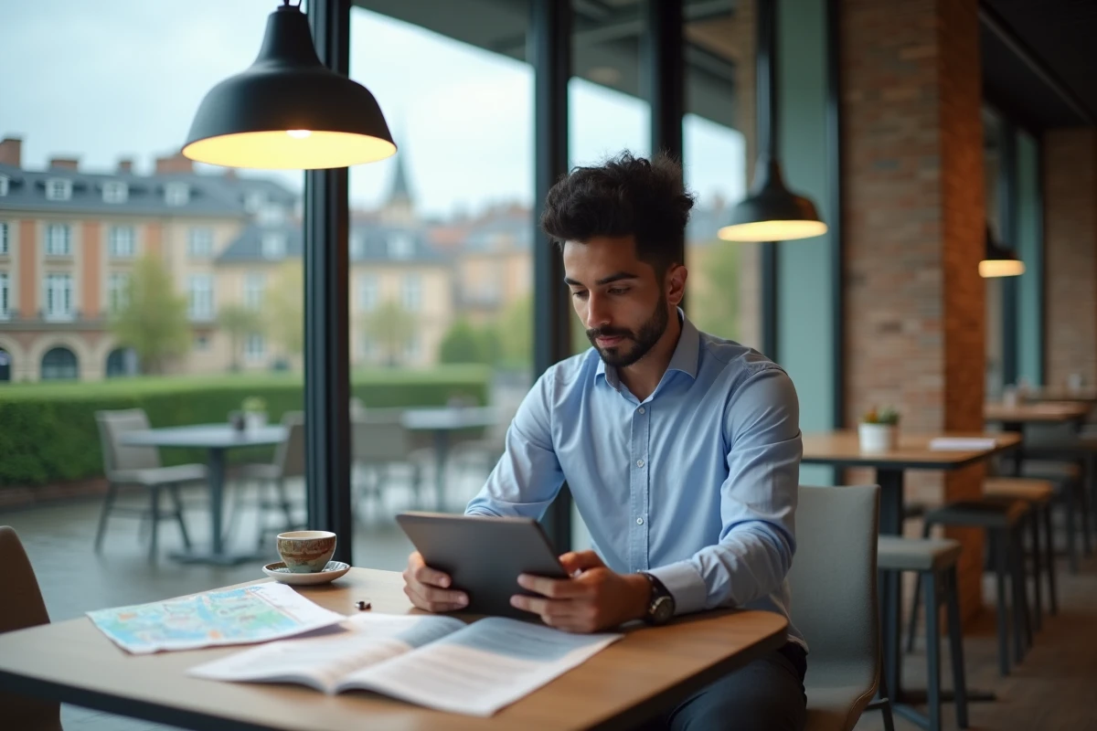 Étudiant international utilisant une tablette pour naviguer sur le portail intranet de Lyon 3 dans un café près du campus