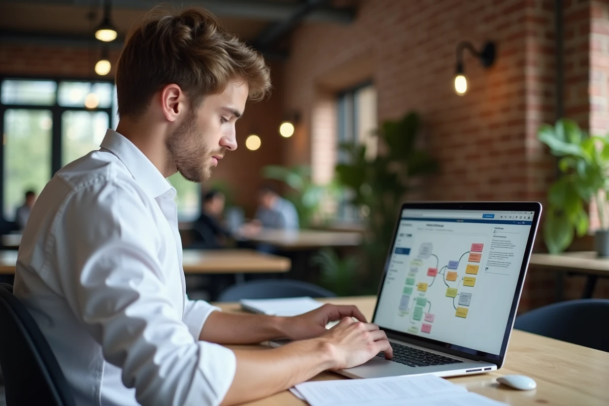 Étudiant en master révisant son mémoire avec un outil numérique de mind-mapping dans un espace de coworking moderne