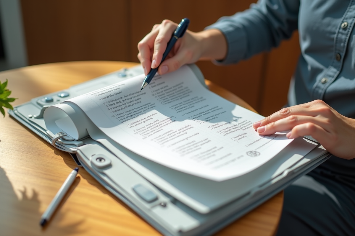 Étudiant rangeant documents imprimés dans un classeur sur bureau