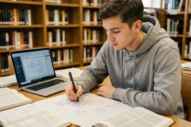 Étudiant en informatique dessinant un schéma MCD sur papier millimétré dans une bibliothèque universitaire