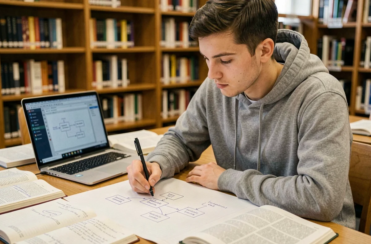 Étudiant en informatique dessinant un schéma MCD sur papier millimétré dans une bibliothèque universitaire