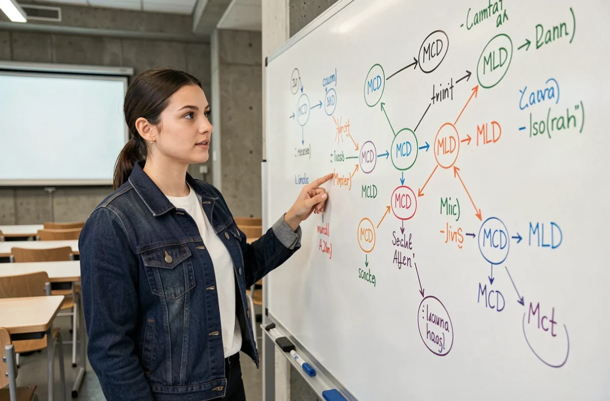 Étudiante en informatique expliquant un diagramme MLD et MCD au tableau blanc dans une salle de cours