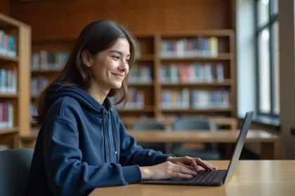 Étudiante utilisant la messagerie Zimbra Unicaen sur son ordinateur portable dans une bibliothèque universitaire