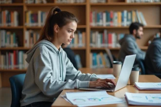 Étudiante utilisant un outil collaboratif en ligne pour organiser son mémoire dans une bibliothèque universitaire moderne