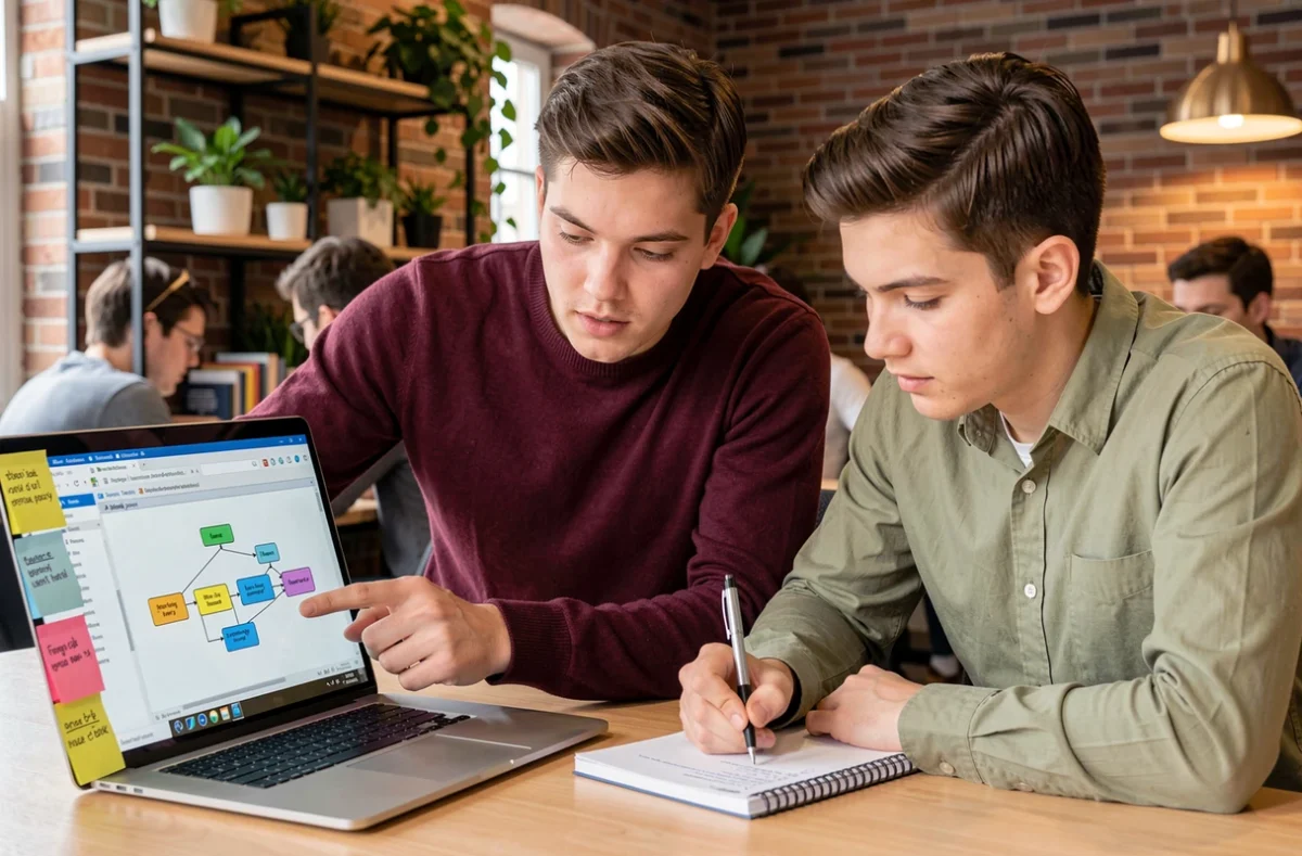 Deux étudiants en informatique collaborant sur un logiciel de modélisation de base de données avec diagramme entité-association