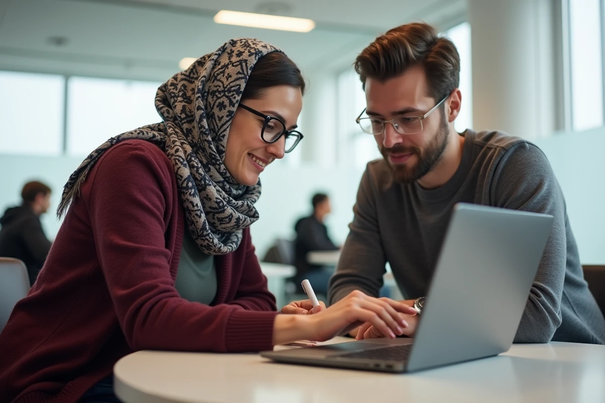 Deux étudiants internationaux collaborant sur l'intranet de l'université Lyon 3 dans une salle commune moderne