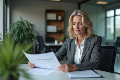 Femme d affaires examinant un document sur la protection des données