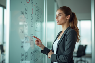 Femme d'affaires confiante expliquant une stratégie sur un tableau blanc