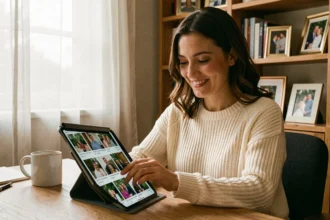 Femme consultant son album photo numérique sur tablette via Amazon Photos dans un bureau cosy