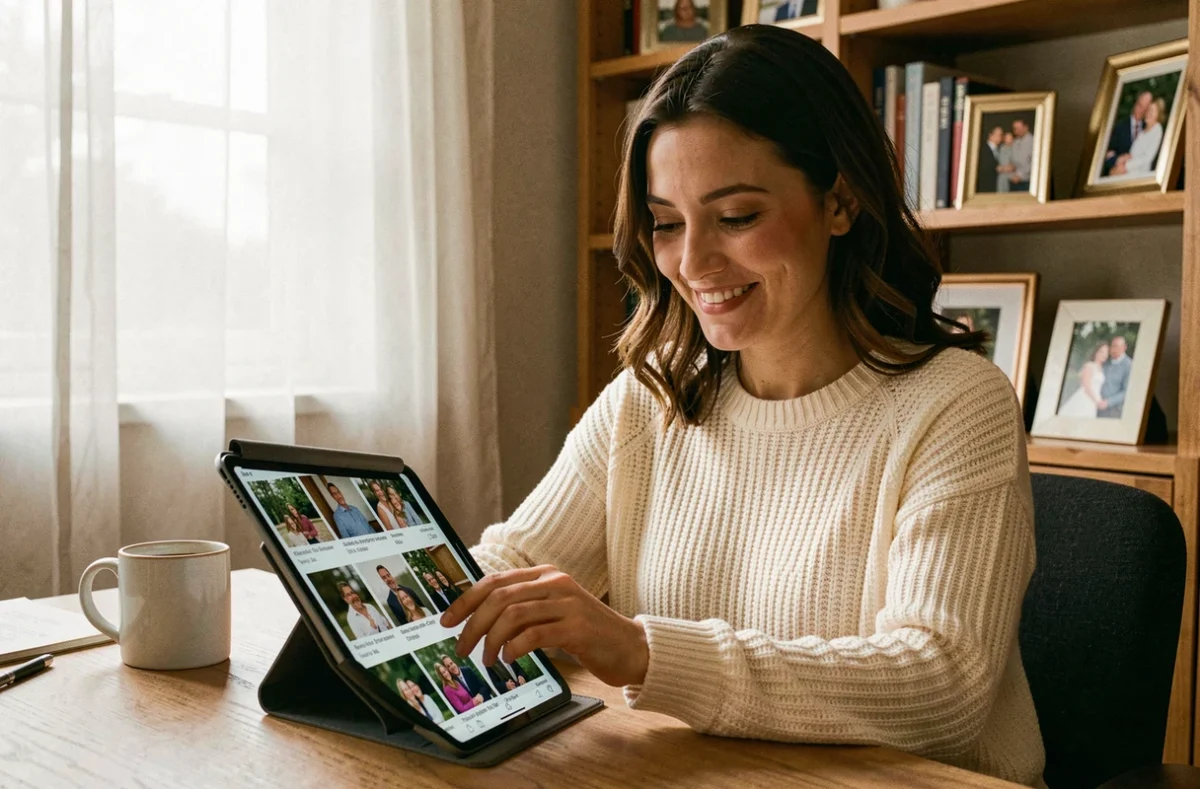 Femme consultant son album photo numérique sur tablette via Amazon Photos dans un bureau cosy
