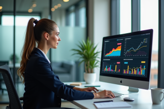 Jeune femme analysant des graphiques SEO sur un ordinateur