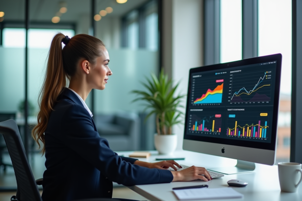 Jeune femme analysant des graphiques SEO sur un ordinateur