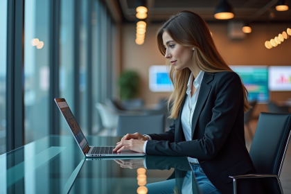 Femme analysant des données marketing sur un ordinateur moderne