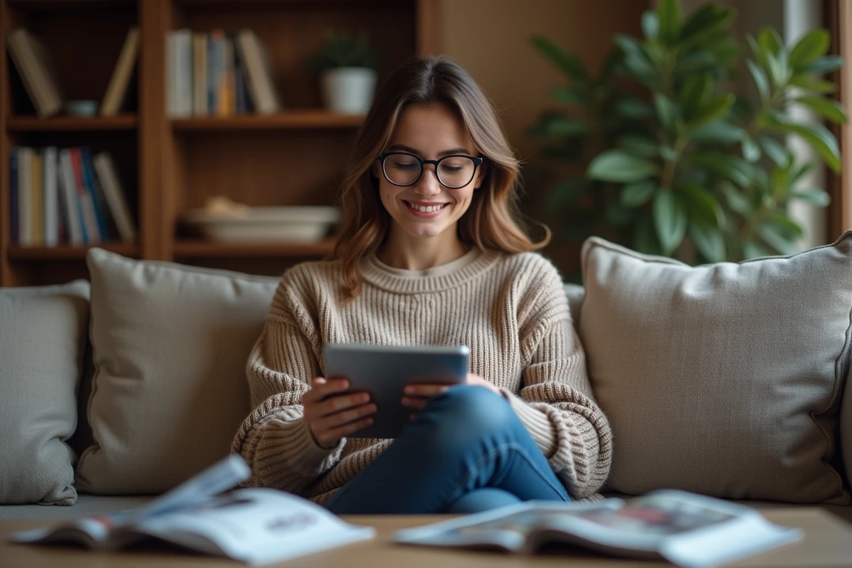 Femme souriante utilisant une tablette dans un salon cosy