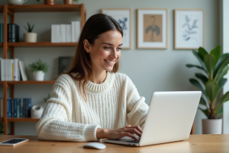 Femme au bureau moderne utilisant un ordinateur portable