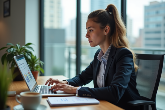 Jeune femme au bureau avec tableau de bord numérique