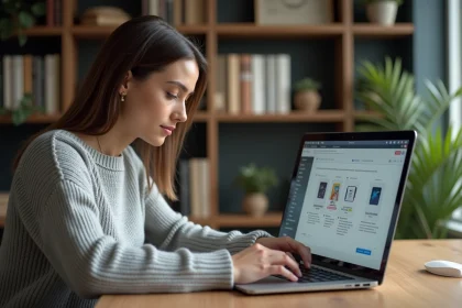 Femme au bureau à domicile regardant des documents numériques