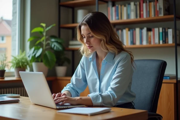 Jeune femme au bureau à domicile travaillant sur son ordinateur