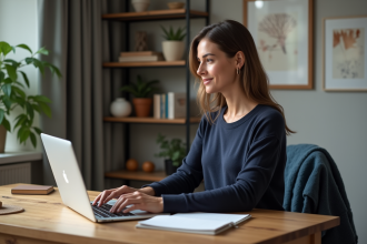 Femme travaillant sur un ordinateur dans un bureau cosy