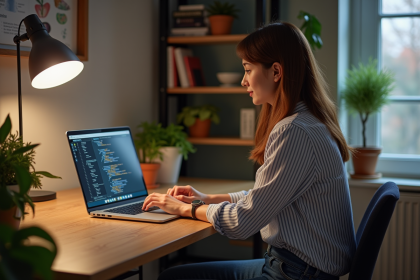 Jeune femme au bureau travaillant sur un laptop avec code responsive